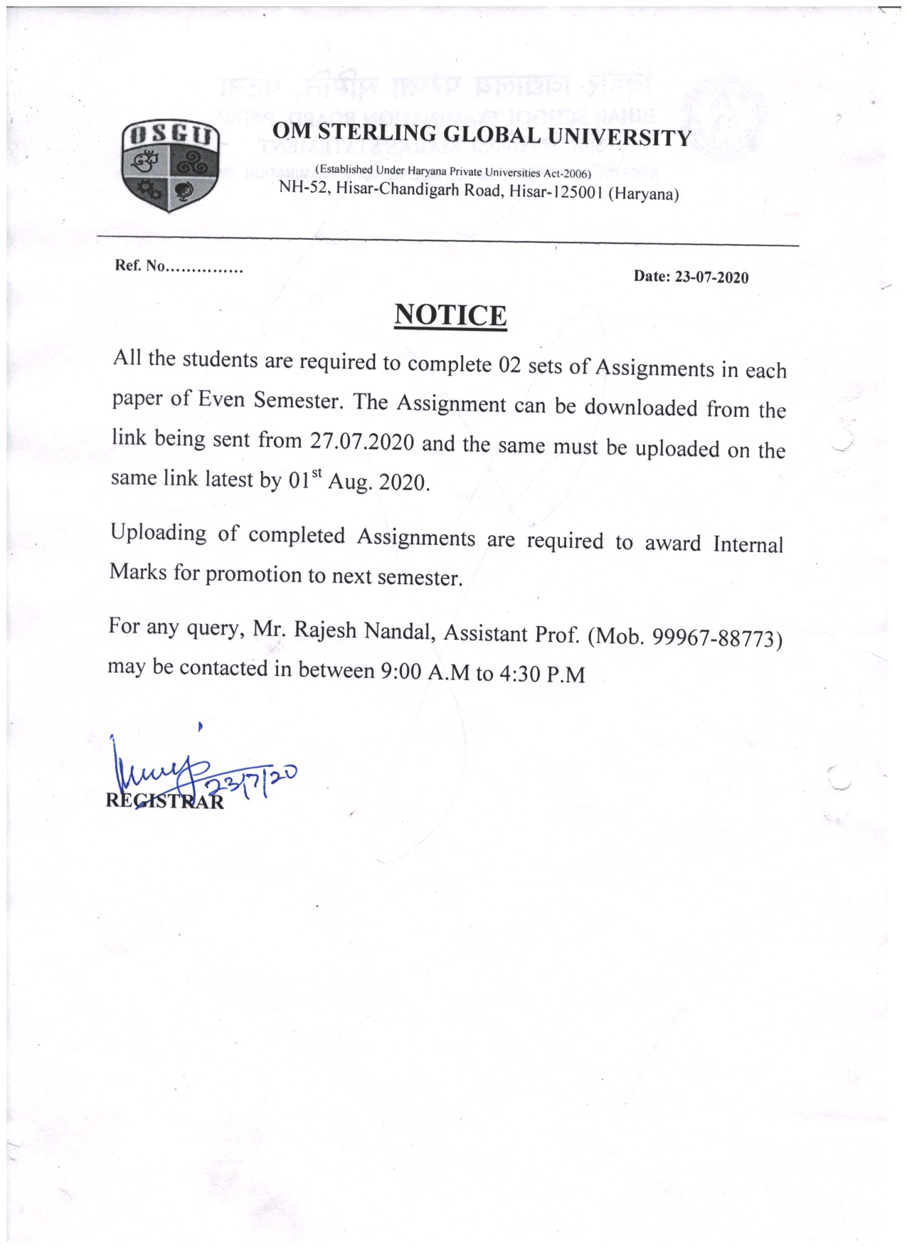 assignment submission notice for students