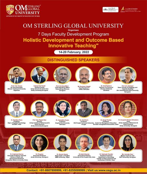 School of Social Sciences & Humanities of Om Sterling Global University organizes 7 days Faculty Development Program on Holistic Development and Outcome-Based Innovative Teaching