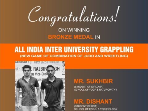 Congratulations !!! Our students Mr Sukhbir, from School of Yoga and Naturopathy and Mr. Dishant , from School of Engineering and Technology got bronze medal of 58kg and 74kg weight category in All India Inter University Grappling ( New game of combination of Judo and Wrestling) held at MDU, Rohtak from 31.3.2022 to 3.4.2022