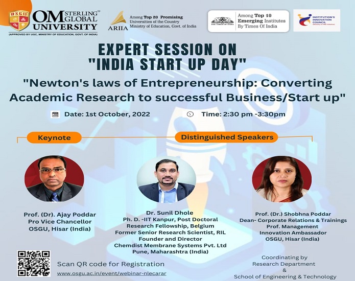 Webinar on Newton’s laws of Entrepreneurship Converting Academic Research’ to successful Business Start up”