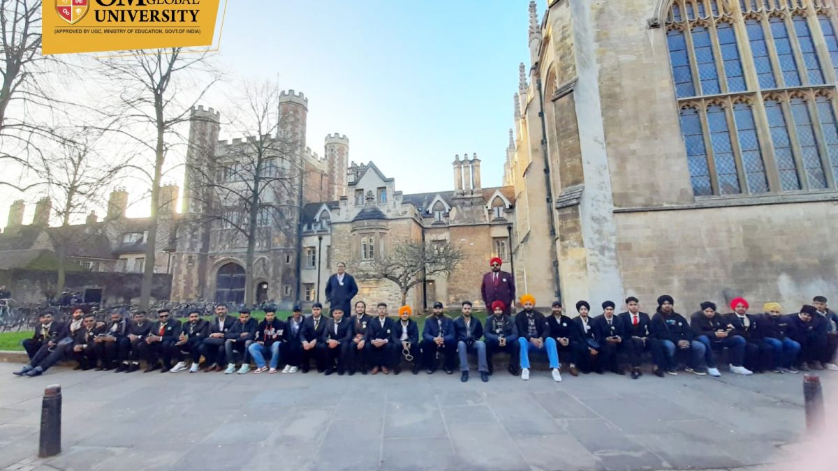 OSGU students visiting the historical place at University of Cambridge, UK. The picture showing is the apple tree from which apple fell down on the head of Sir Issac Newton, Which made the ground of the research of gravity. The window behind it is the office and research window of Sir Issac Newton. Students are enjoying the tour and gaining knowledge. The delegation of students is being led by Prof. (Dr.) Ramanjeet Singh, Dean (Planning and Corporate Affairs) for Skill Training Program at London (UK).