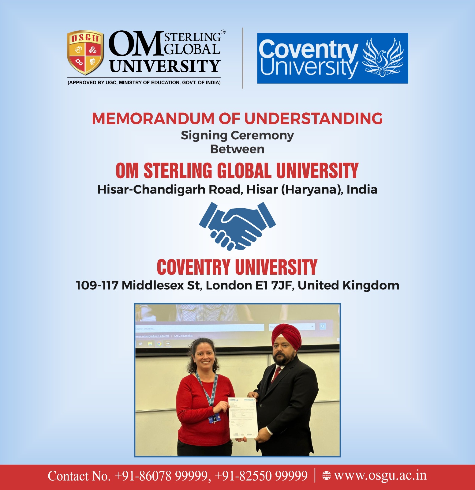 Om Sterling Global University signed a Memorandum of Understanding (MoU) sign with Coventry University (UK)