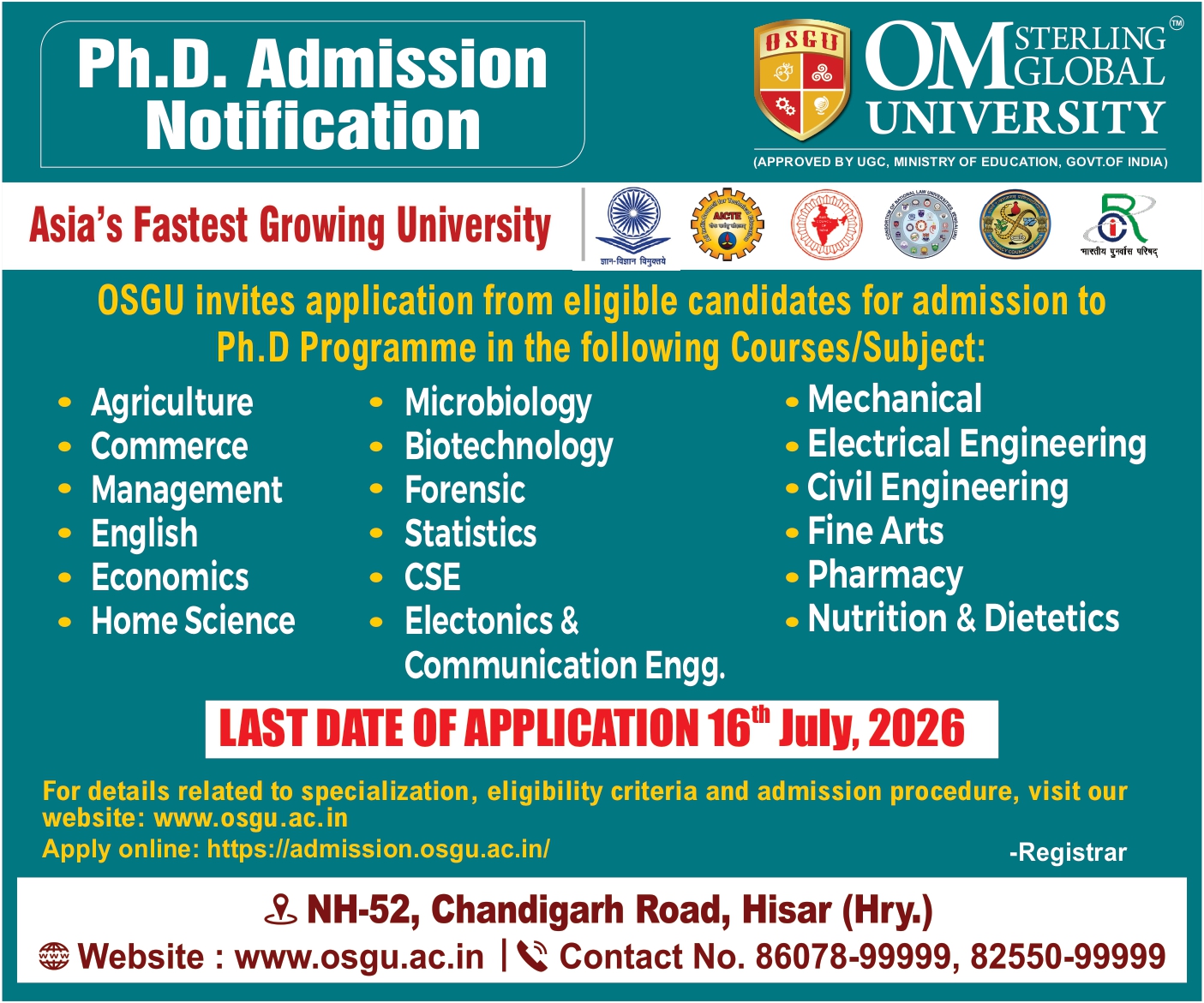 PhD. Admissions Open at OSGU